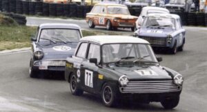 John Searby's Austin A40 leads Ford Anglia