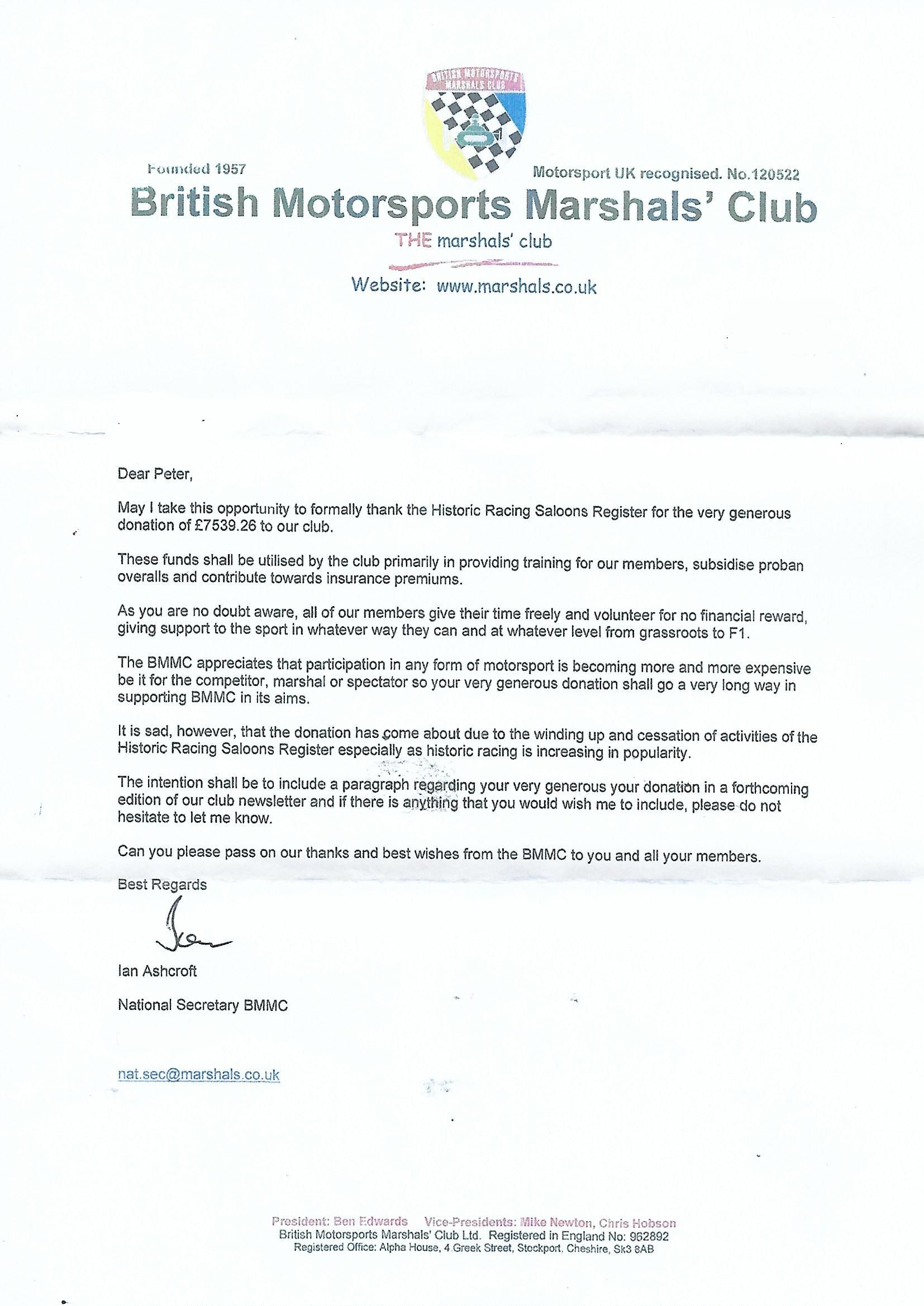 Copy of letter from the British. Motorsports Marshals' Club